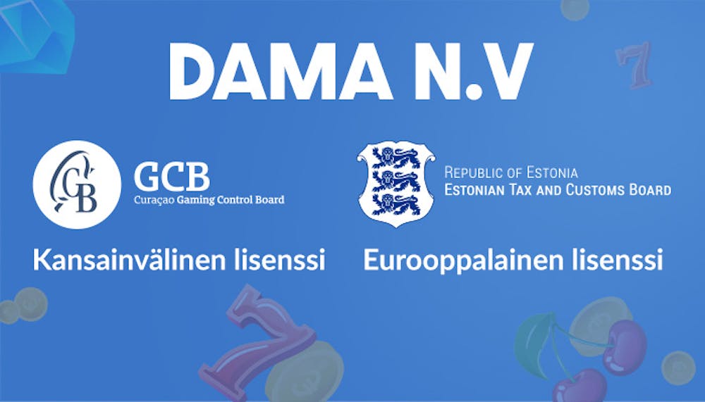 Infografiikka, jossa Dama N.V. keskellä, vasemmalla kansainvälinen Curacaon-lisenssi, oikealla eurooppalainen Viron lisenssi.