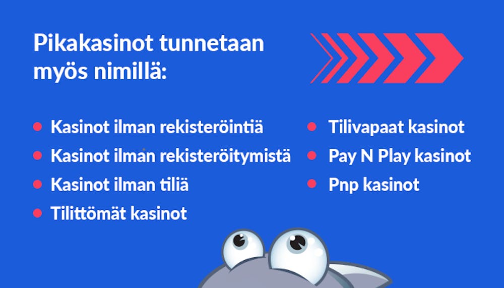 Pikakasinoiden eri nimityksiä, kuten kasinot ilman rekisteröintiä tai Pay N Play kasinot.