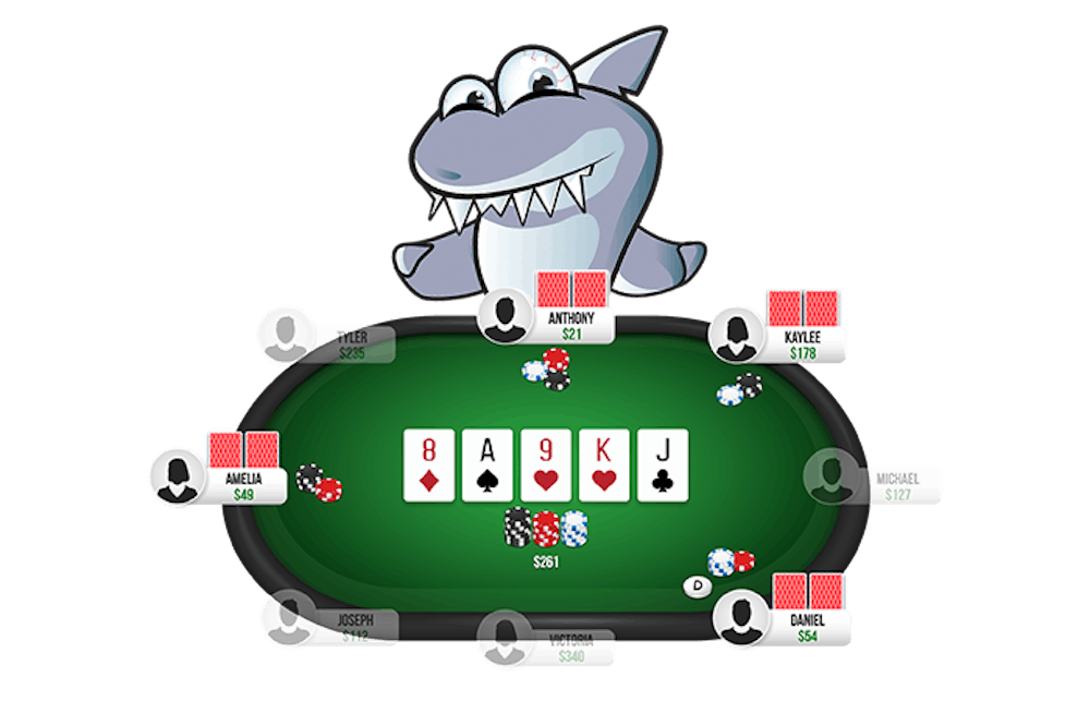 Kasinohai pelaa pokeria muita nettipelaajia vastaan. Pöydällä näkyvät kortit ruutu 8, pata ässä, hertta 9, hertta kuningas ja risti jätkä.