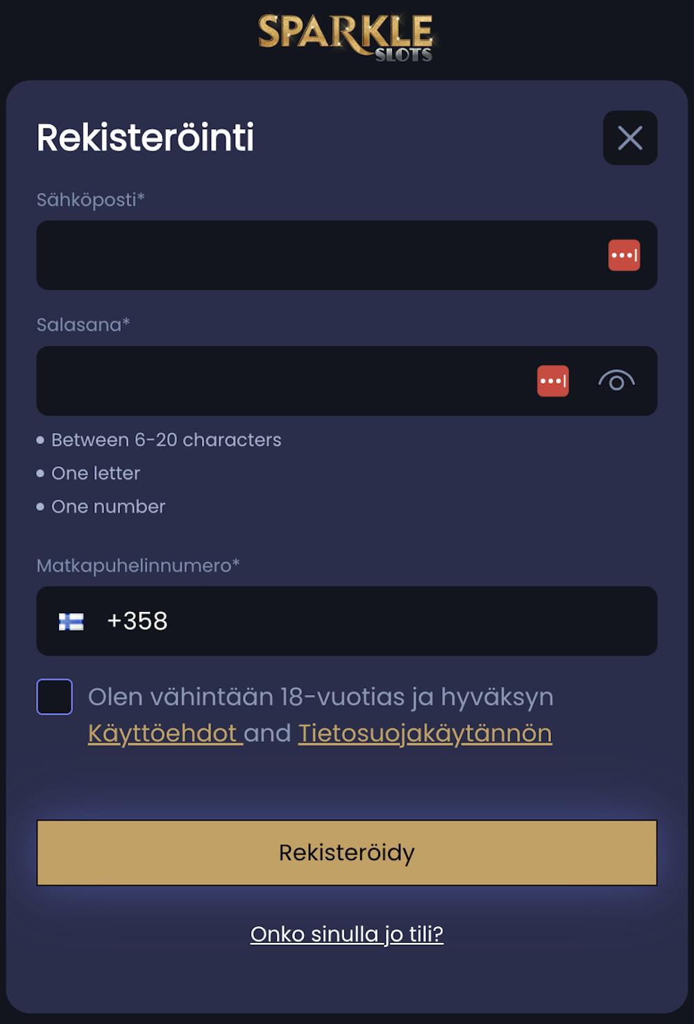 Rekisteröidy Sparkle Slots kasinolle nopeasti ja aloita pelaamaan